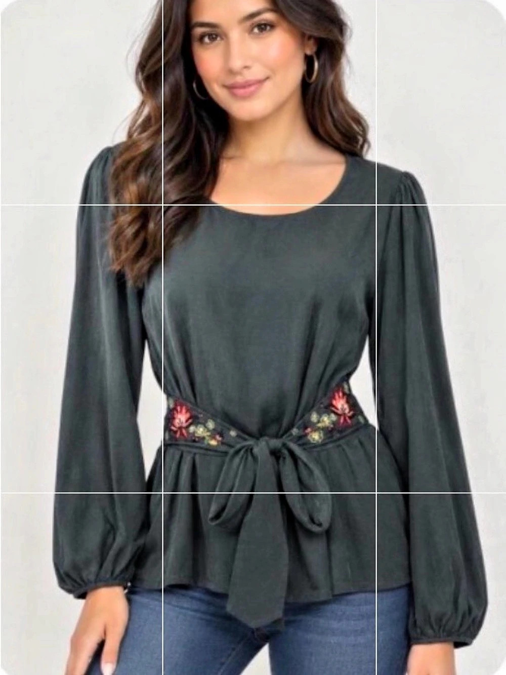 ODDO Embroidered Waist Tie Blouse Floral Waist Tie Blouse in Black Medium
